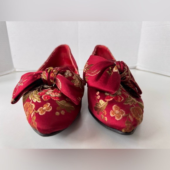 vintage 60s 70s lj simone new york brocade red floral bow kitten heel shoes - Picture 5 of 12
